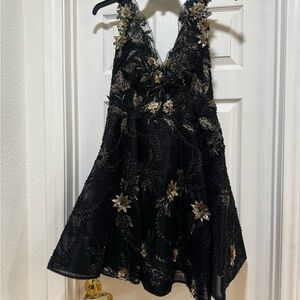 MNM Couture Black Dress with Gold Floral Embroidery